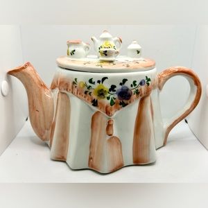 Vintage Teapot Tea Party Table Top Andrea By Sadek Floral Peach Pink
